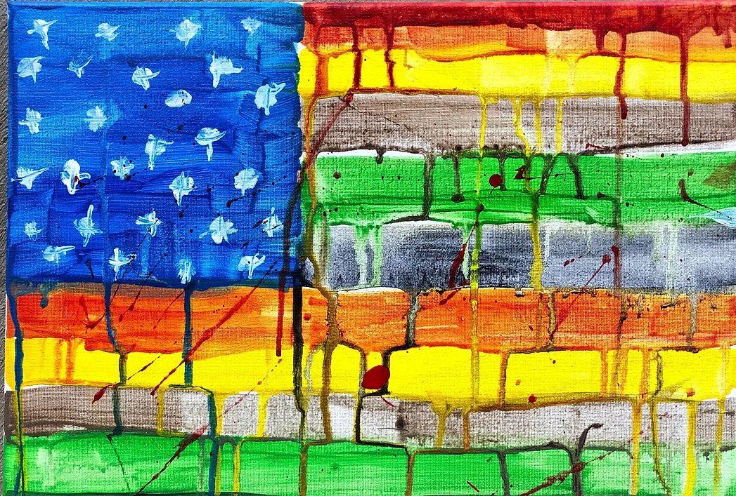 Abstract painting of the US flag, with dripping paint and colorful, non-traditional stripes.