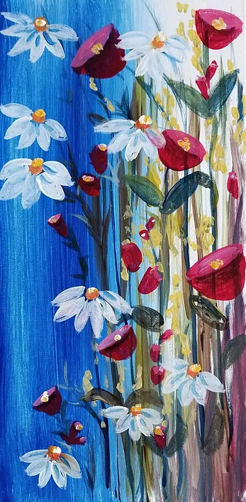 Floral abstract painting with daisies and red flowers against blue, yellow, and purple strokes.