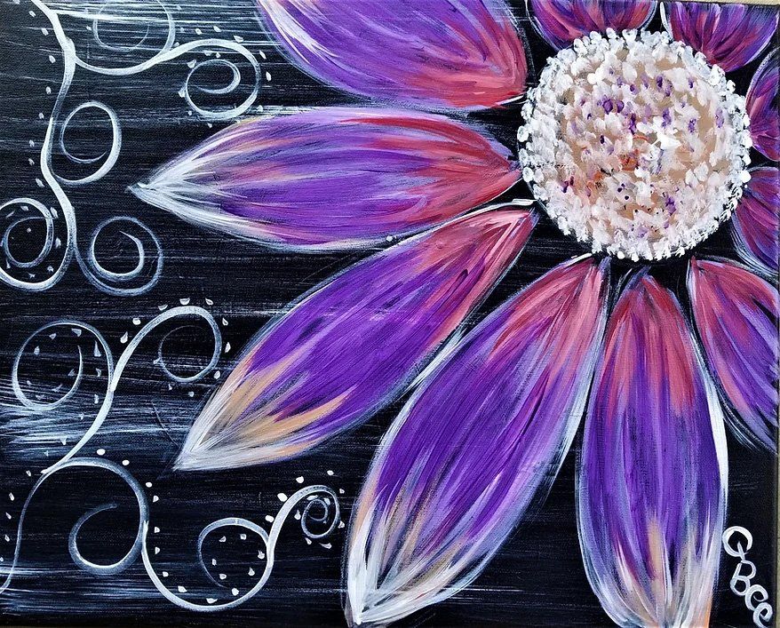 Purple and pink floral painting on a black background, with white swirls.