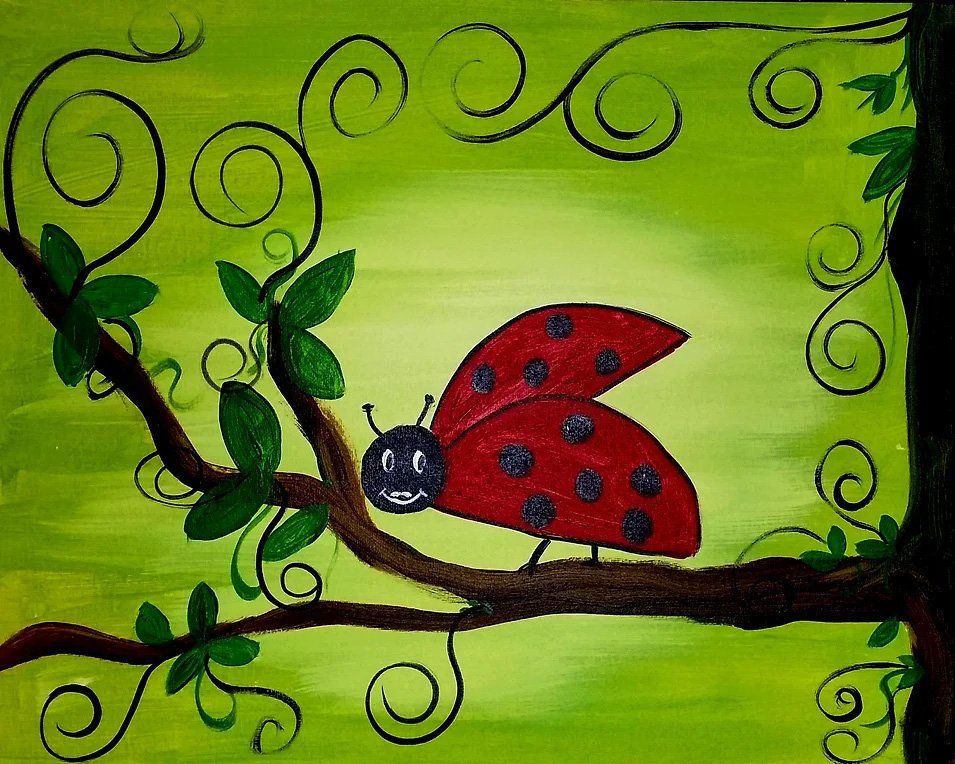 Ladybug with red spotted wings, perched on a tree branch, green background with swirls.