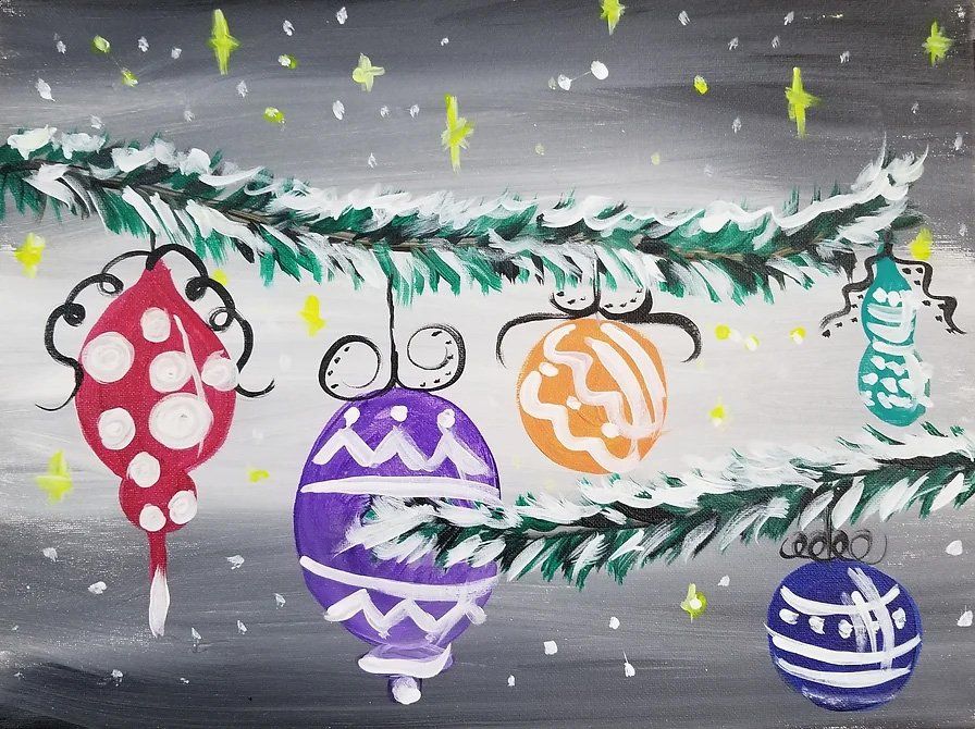 Christmas ornaments hanging from a snowy tree branch against a gray background with yellow stars.