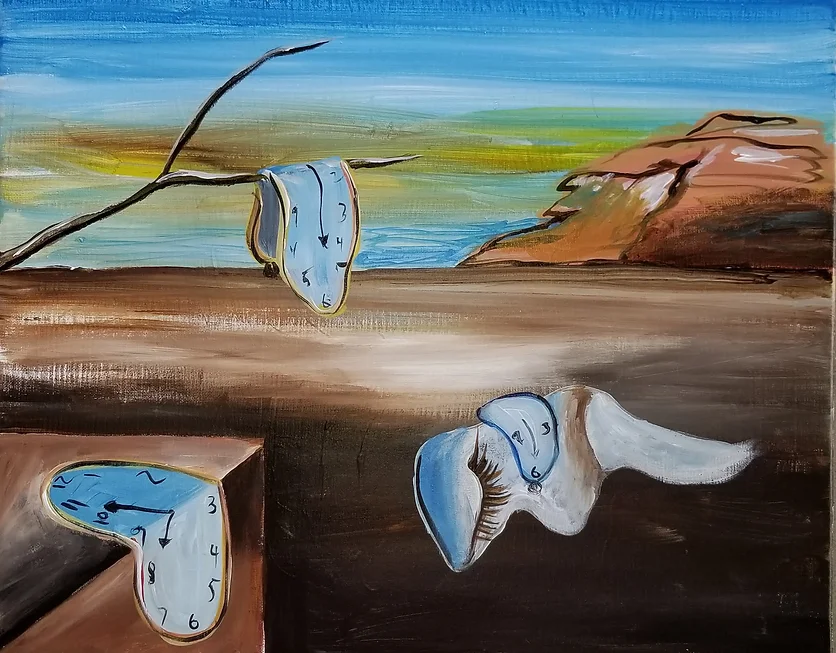 Painting of melting clocks in a surreal desert landscape, with a blue sky and brown cliffs.