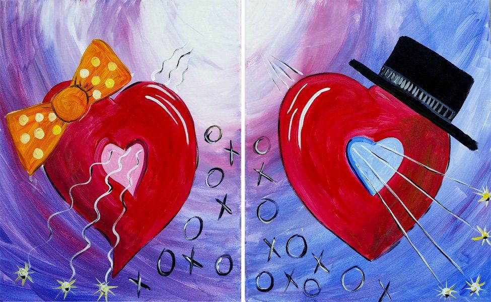Two paintings of hearts: one with a bow, one with a hat, against a purple and white backdrop, with