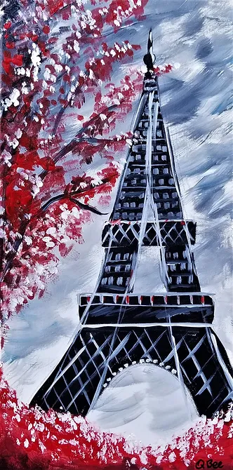 Eiffel Tower painting with red foliage in front and to the side, against a cloudy gray background.