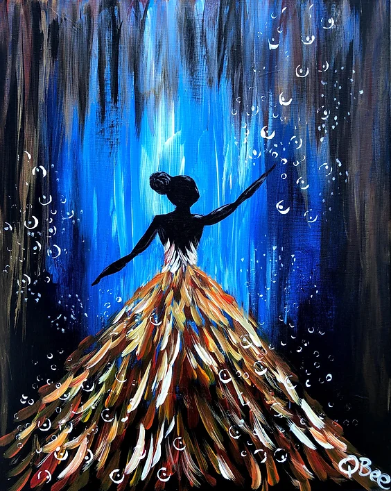 Silhouette of person in ornate dress with arms raised, under blue light and bubbles.