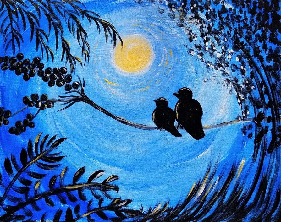 Two black birds perched on a branch at night, under a yellow moon. Blue sky with foliage.
