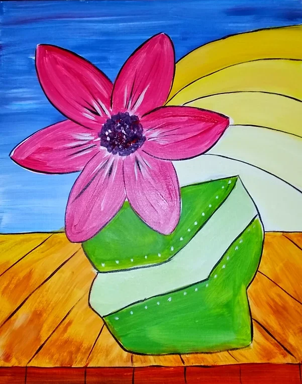 Pink flower in green vase, yellow and blue background.