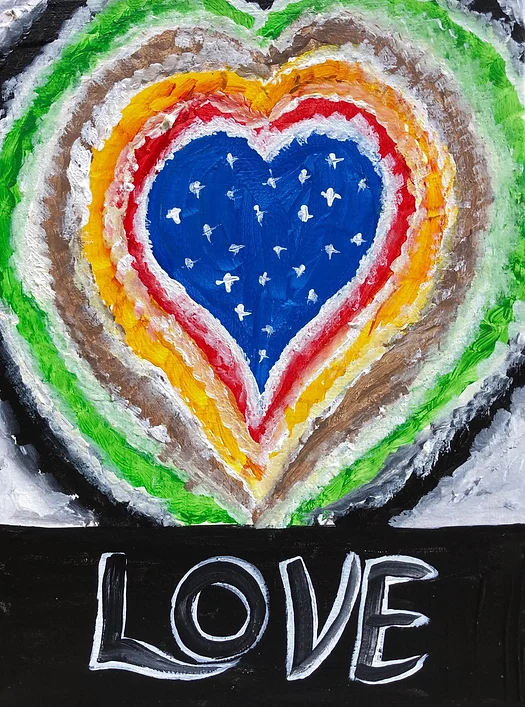 Colorful heart painting with layers of colors and stars on a blue background, the word