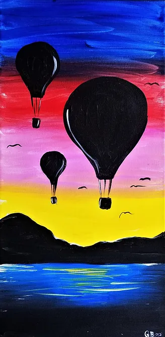 Black hot air balloons float over a colorful sunset and dark landscape, reflecting in the water.