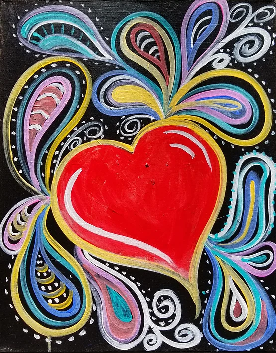 Red heart surrounded by colorful paisley shapes against a black background.