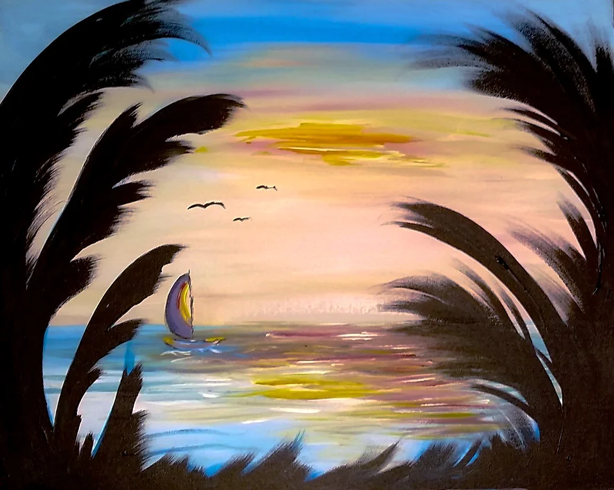 Sunset over ocean, sailboat, silhouetted palm leaves frame the scene.