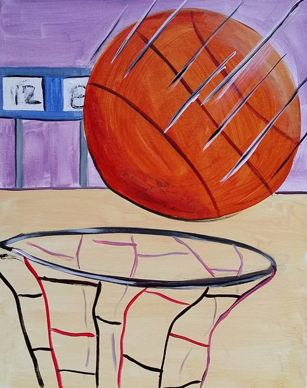 Basketball about to go into a net. Orange ball, purple background, score 12-8.