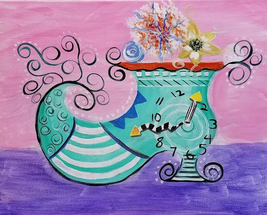 Whimsical teal shoe-shaped vase with clock face, topped with flowers and curly accents, on a purple surface, pink background.