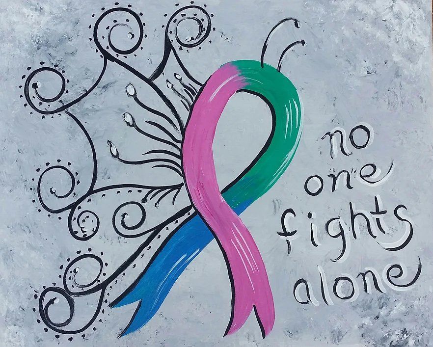 Ribbon with teal, pink, and green sections, butterfly wing design, and text