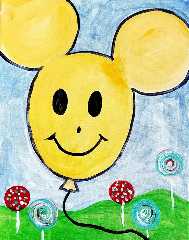 Yellow smiley face balloon with mouse ears, red and blue swirl lollipops in a field.