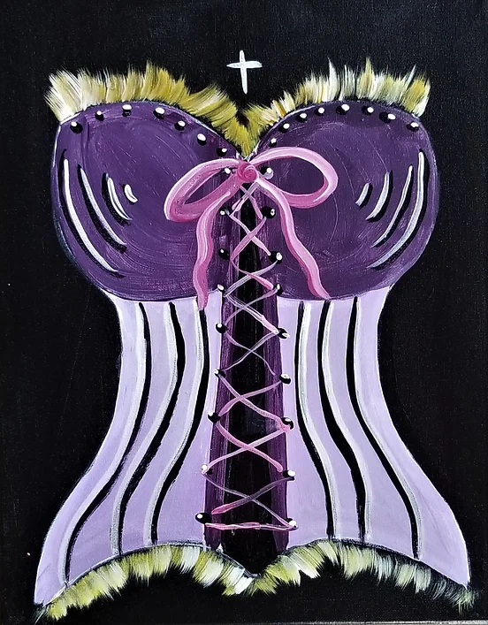 Purple and white painted corset on a black background, with ribbon, and feather trim.