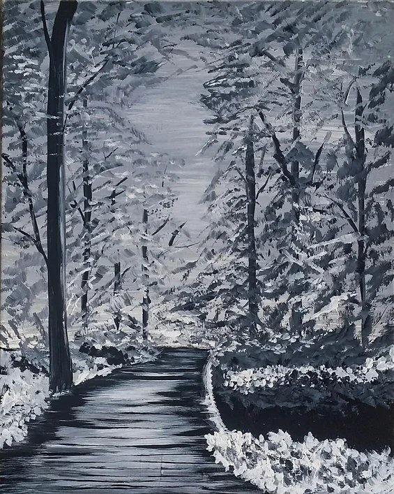 Black and white painting of a snow-covered forest path. Trees line the path, leading towards a light area.
