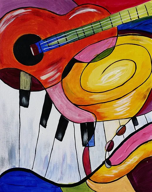 Abstract painting of a red guitar and piano keys with colorful swirling shapes; music themed.