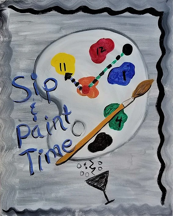 Painting of a paint palette clock and paintbrush. Text reads