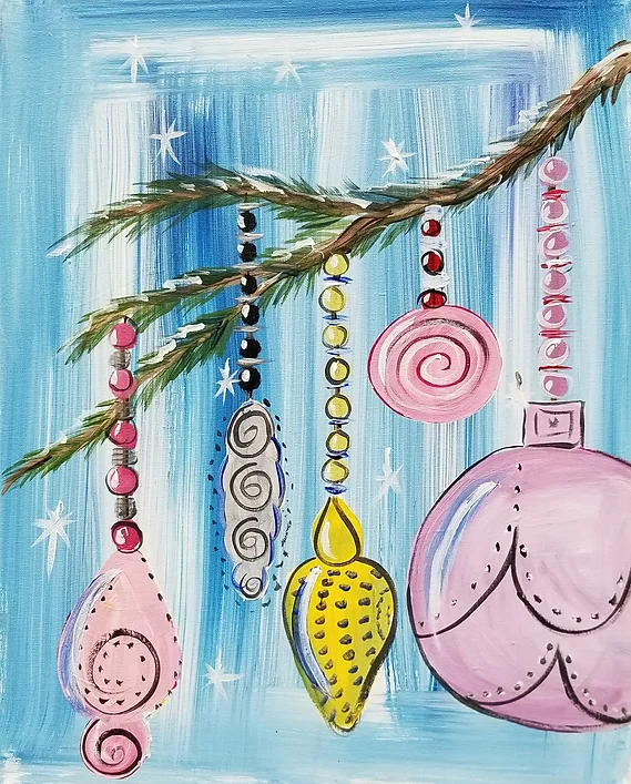 Christmas ornaments hanging from a pine branch against a blue background, snowflakes.