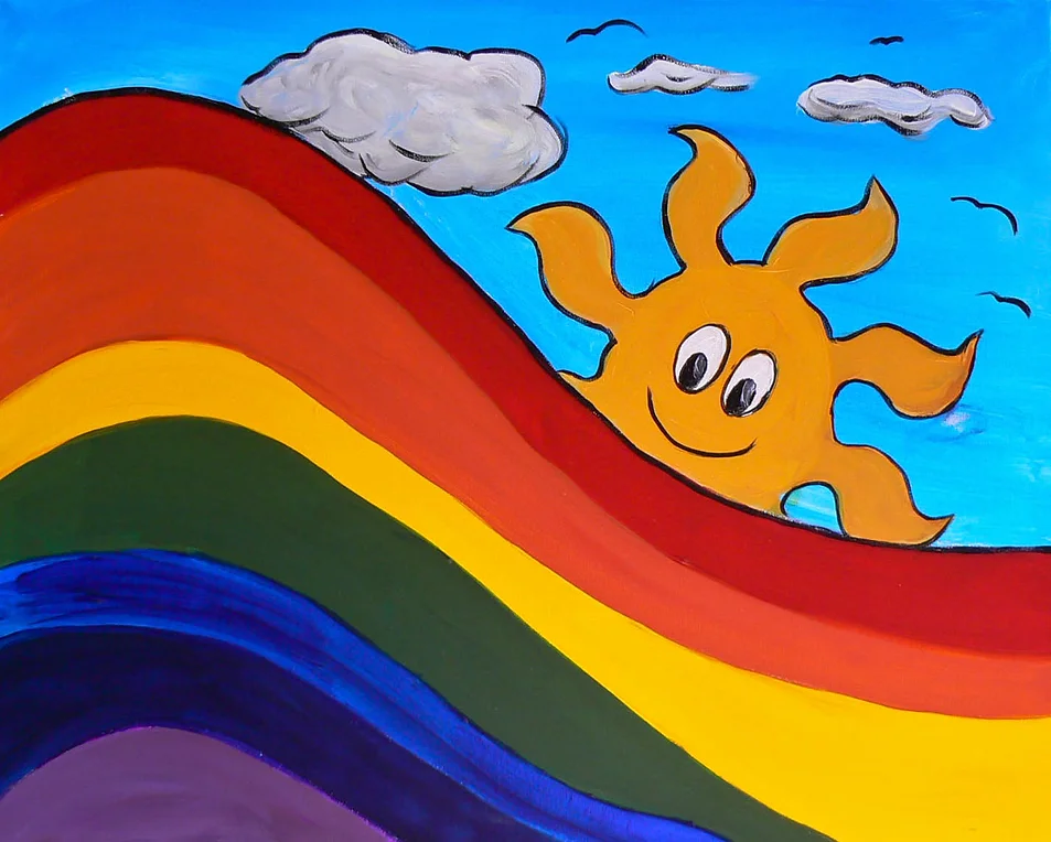 Cartoon sun peeks over a rainbow. Blue sky, white clouds.