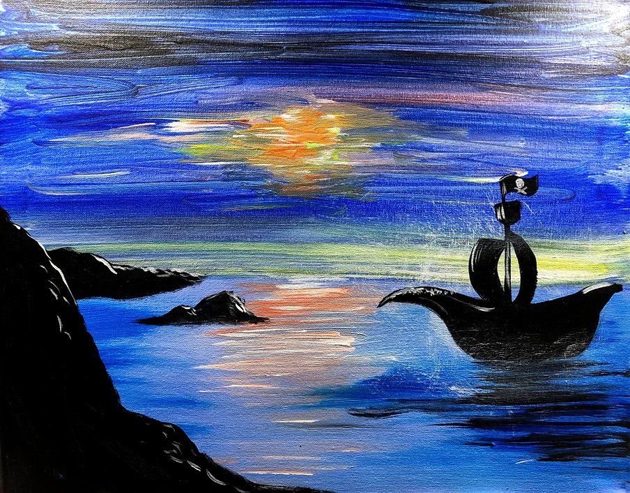 A dark silhouette of a ship sails on a body of water toward a sunset over a rocky seascape.