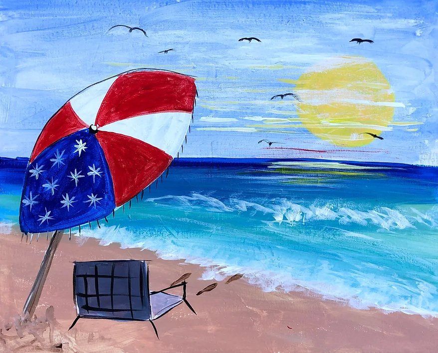 Beach scene with a red, white, and blue umbrella, lounge chair, sun, and birds flying over the ocean.