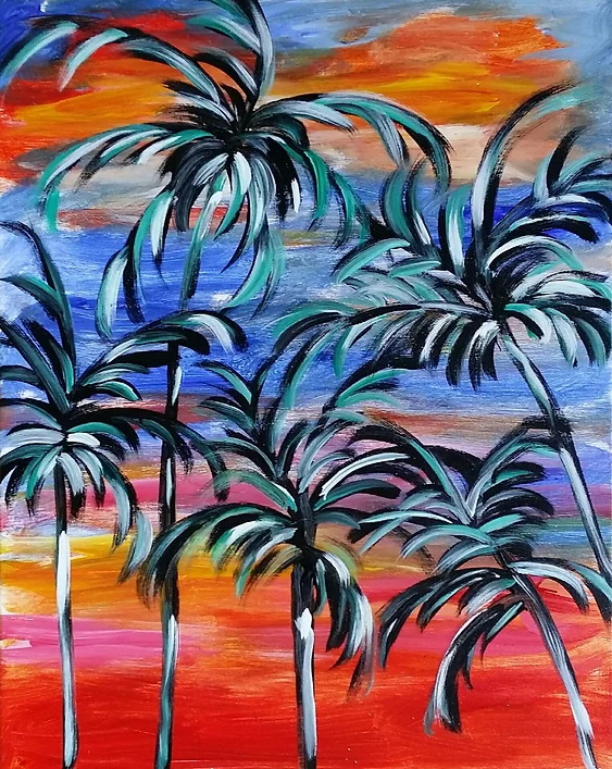 Palm trees against a vibrant sky with red, orange, blue, and purple hues.