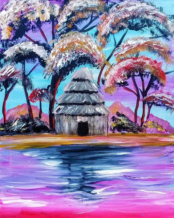 A hut with a thatched roof by water, trees with colorful foliage, purple and blue sky.