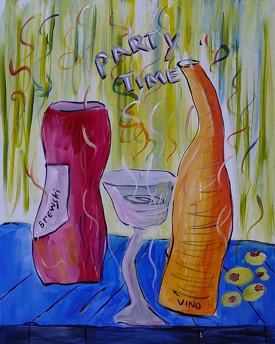 Painting of two bottles, a glass, and olives on a blue table.