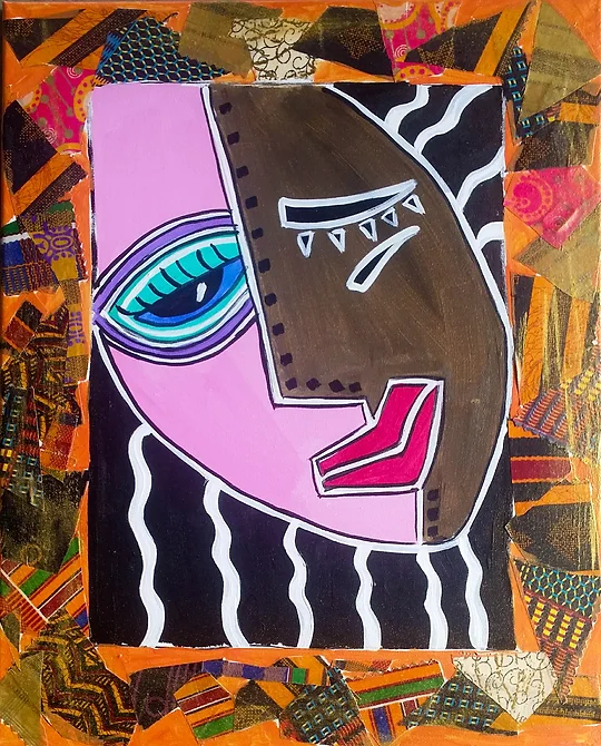Abstract face art, pink and brown hues, with a patterned orange frame.