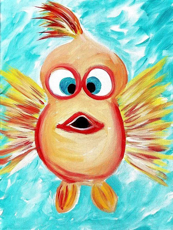 Cartoon fish with orange body, blue eyes, red lips, and yellow fins, set against blue background.