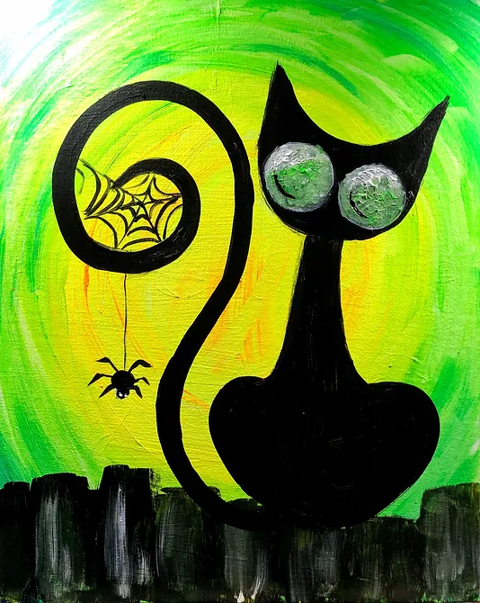 Black cat with large green eyes, spider web, and spider silhouetted against a lime green and yellow background.