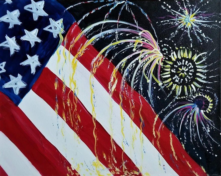 American flag with red and white stripes, blue stars, and colorful fireworks on a black background.