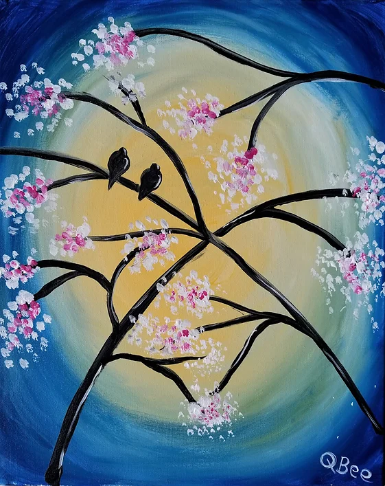 Black tree branches with pink blossoms and two birds against a yellow moon and blue sky.
