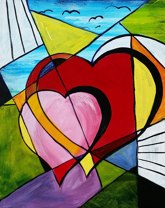 Colorful abstract heart painting with geometric shapes, blue sky, and birds.