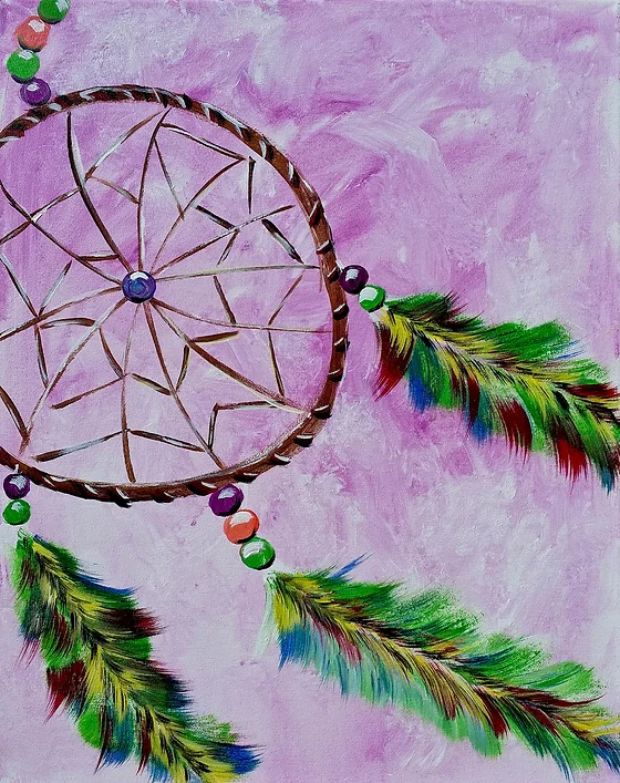 Dreamcatcher painting with brown rim, purple web, and colorful feathers against a pink background.