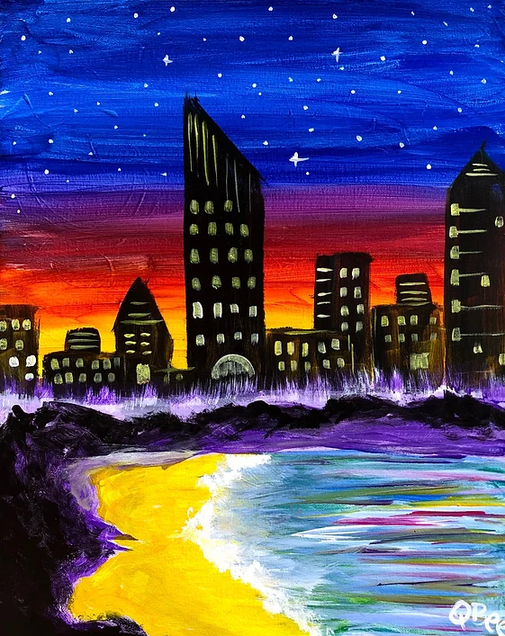 Colorful painting of a city skyline at dusk with a beach in the foreground and stars in the night sky.