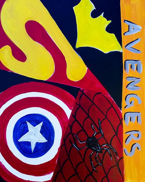 Superhero symbols: Superman's S, Batman's bat, Captain America's shield, Spider-Man's web and spider, and the word