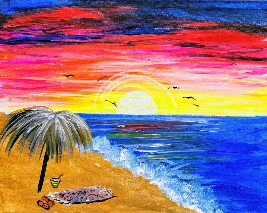 Vibrant sunset over a beach, palm tree on sandy shore, ocean waves, birds flying, colorful sky.