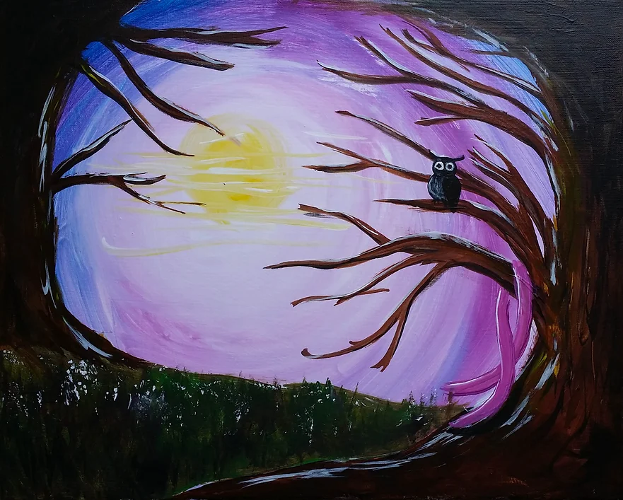 Owl perched in tree against a colorful sunset, framed by dark trees and a small path.