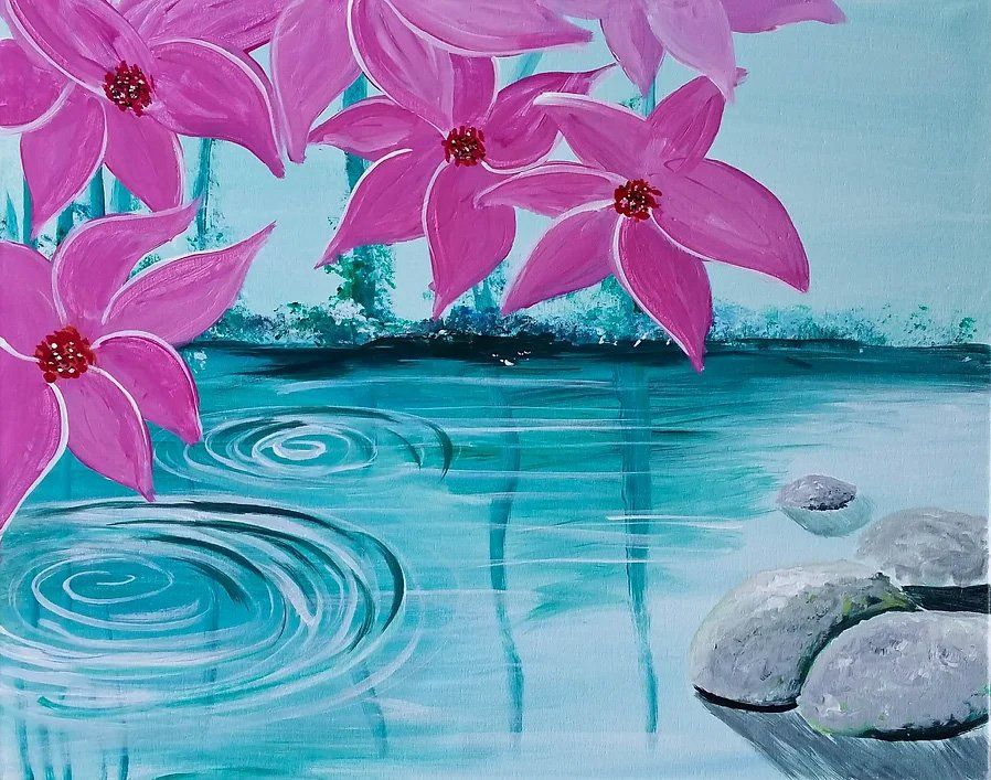 Pink flowers over teal water with rippling circles and gray rocks.