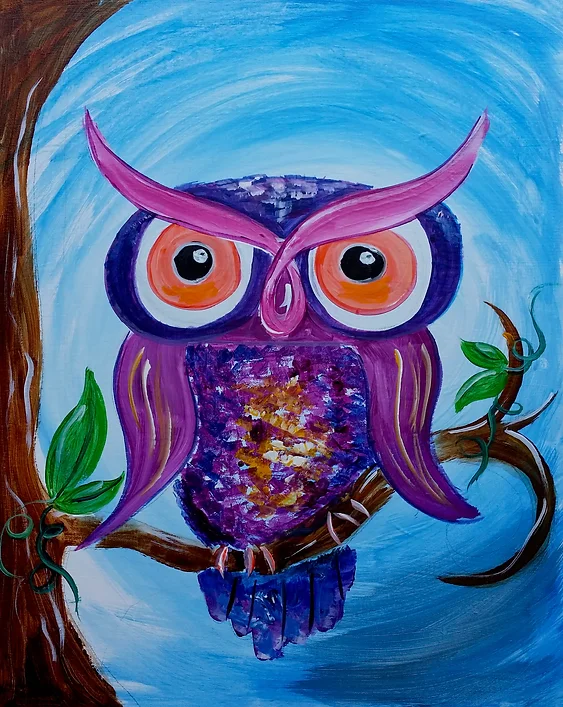 Purple owl with orange eyes perched on a branch, against a blue background, in an art style.