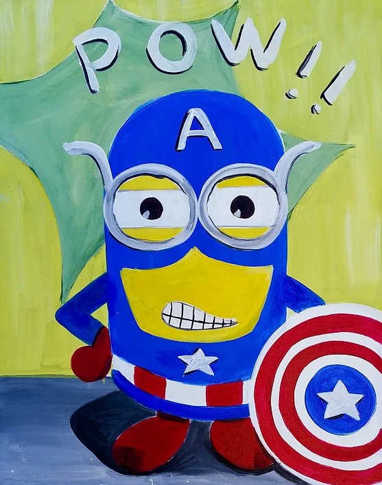Minion dressed as Captain America, holding a shield, with