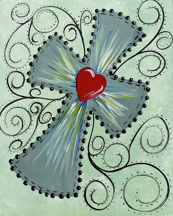 Gray cross with red heart, black trim, and swirling vines on a green background.