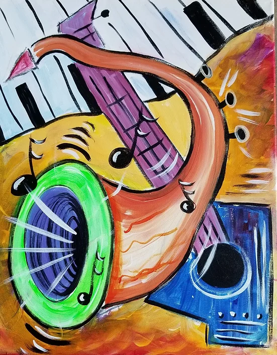 Abstract painting of a saxophone, guitar, and piano keys in vivid colors with musical notes.