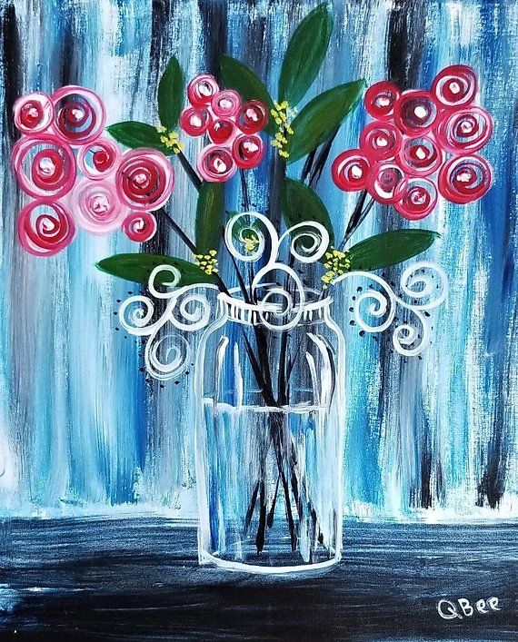 Acrylic painting of pink flowers in a glass jar, with a blue and white background.