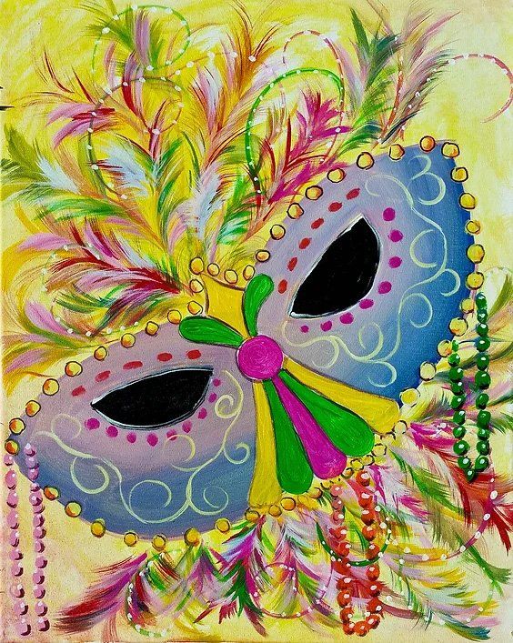 Mardi Gras mask with colorful feathers, surrounded by beads, against a yellow background.
