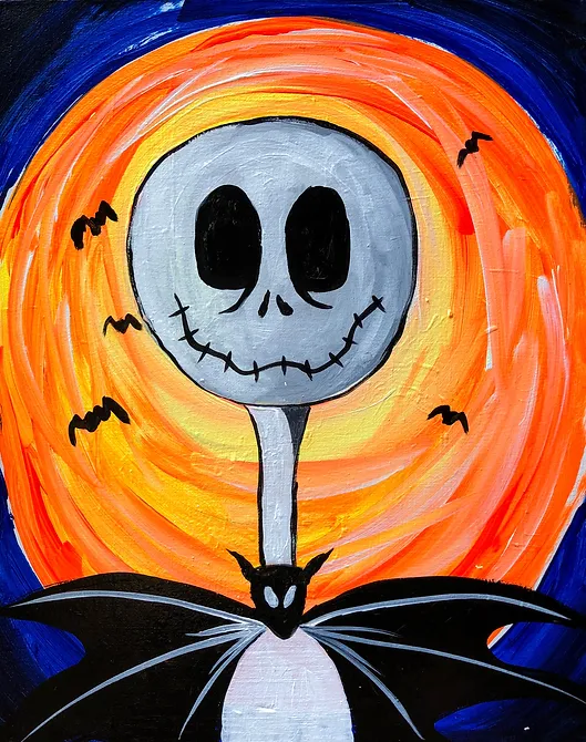 Jack Skellington against an orange moon with bats flying.