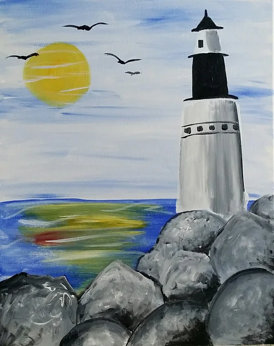 Lighthouse on rocky shore with setting sun, blue water, and seagulls. Black, white, grey, yellow, and green colors.